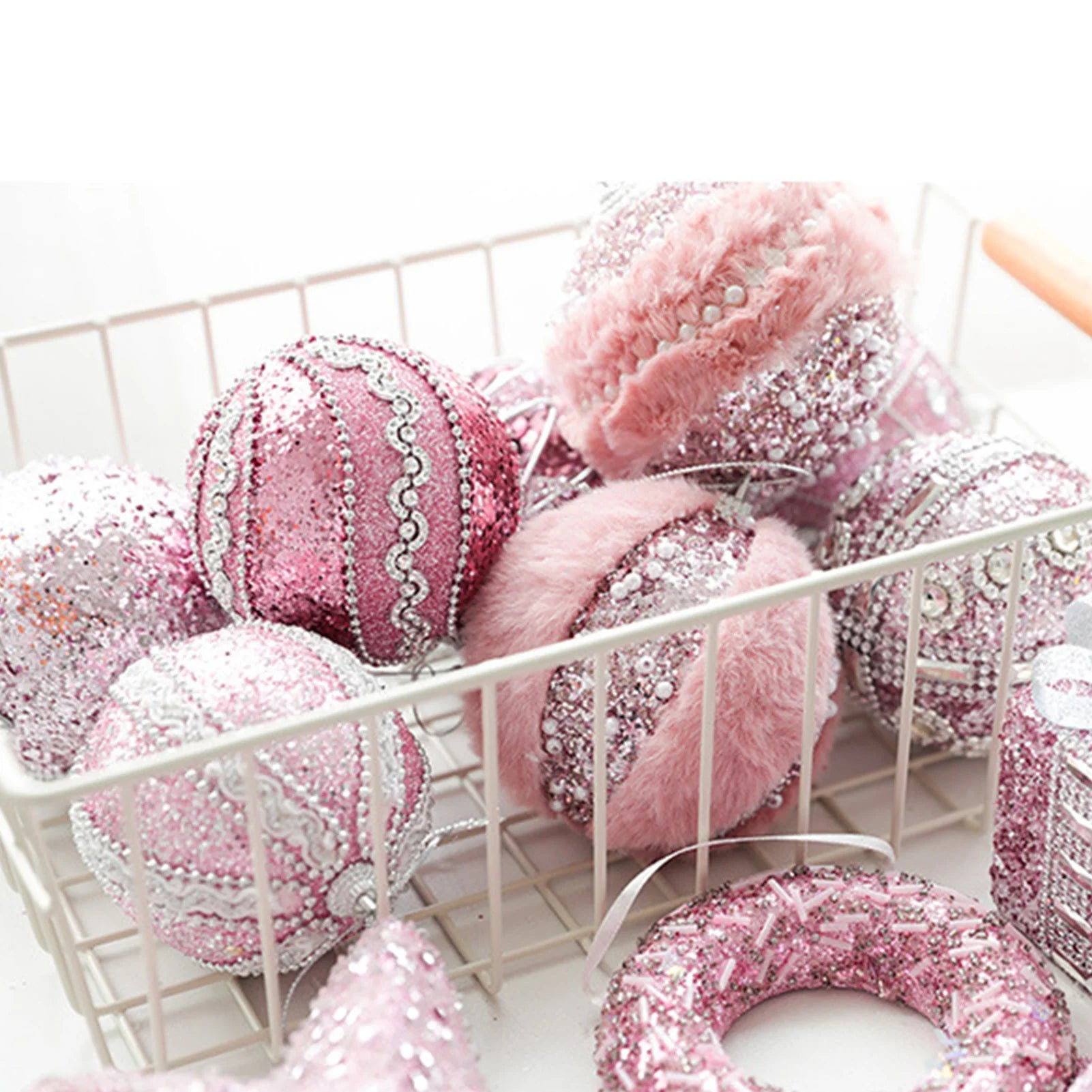 6Pcs Xmas Tree Decoration Sequin Plush Bow Ball Donut Letter Sign Tree Decor Set Pink Color