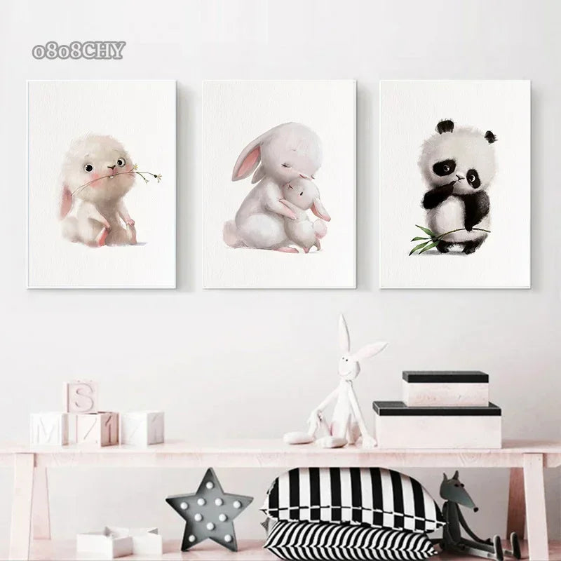 Cute Baby Animals Nursery Wall Art – Kawaii Bunny, Fox, Panda Prints