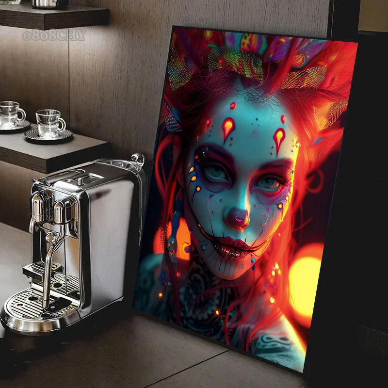 Cyber Mask Girl Canvas Poster – Halloween Makeup Wall Art