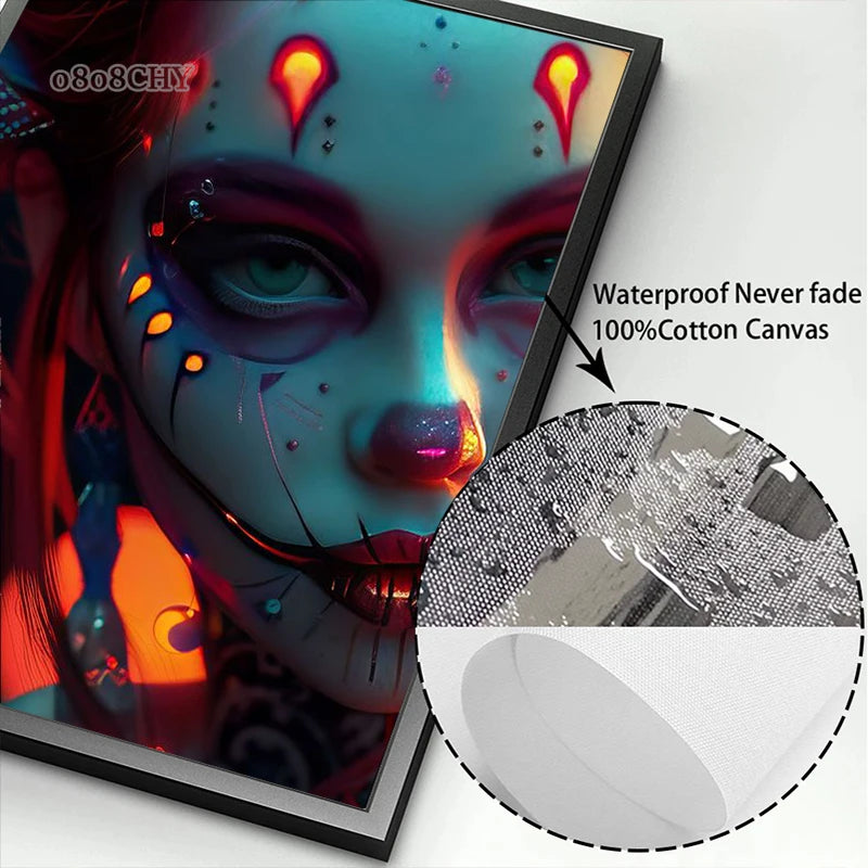 Cyber Mask Girl Canvas Poster – Halloween Makeup Wall Art