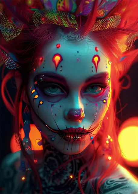 Cyber Mask Girl Canvas Poster – Halloween Makeup Wall Art