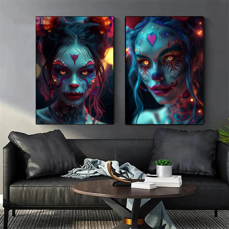 Cyber Mask Girl Canvas Poster – Halloween Makeup Wall Art