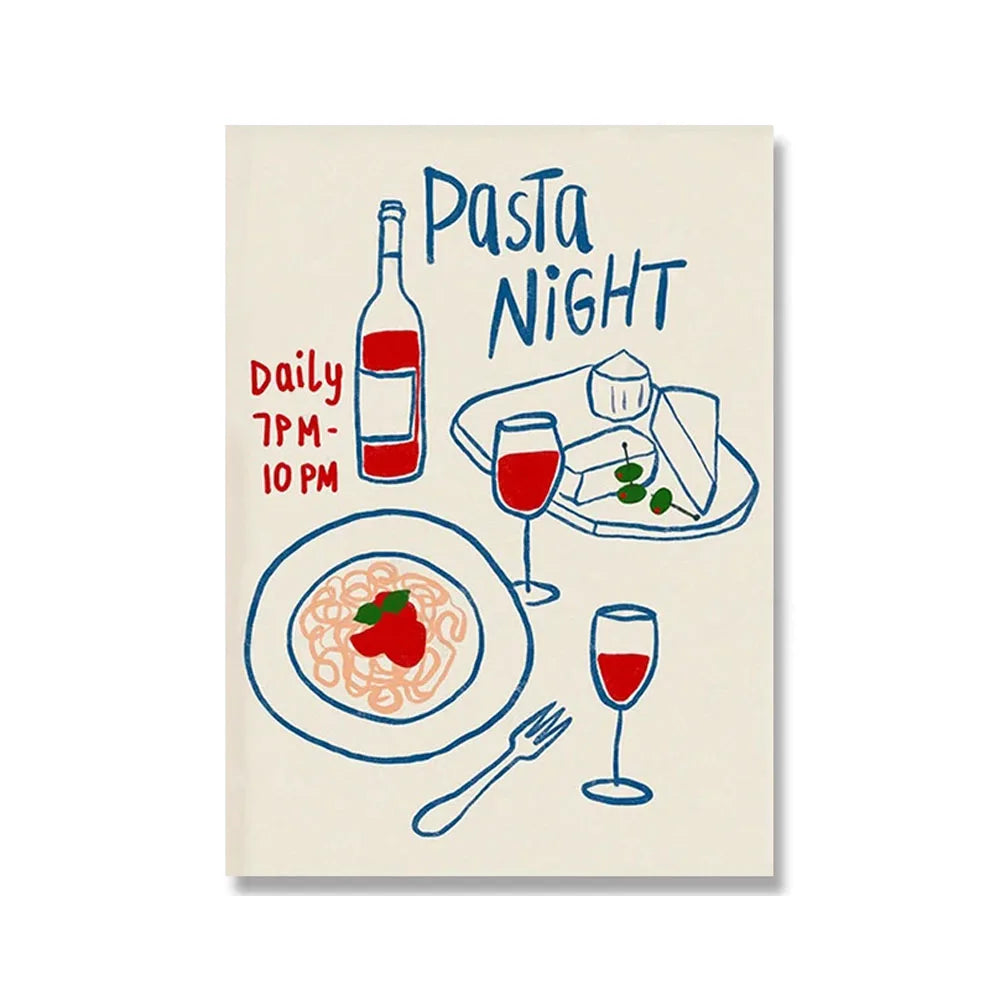 Wine & Cheese Noodles Modern Wall Art Canvas Print – Unframed
