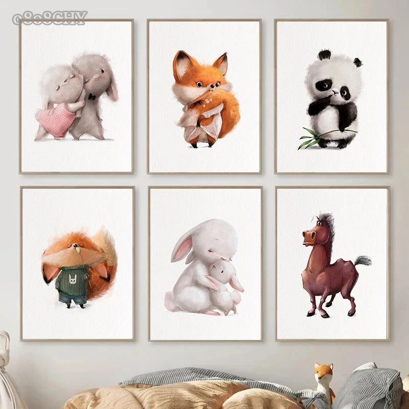 Cute Baby Animals Nursery Wall Art – Kawaii Bunny, Fox, Panda Prints