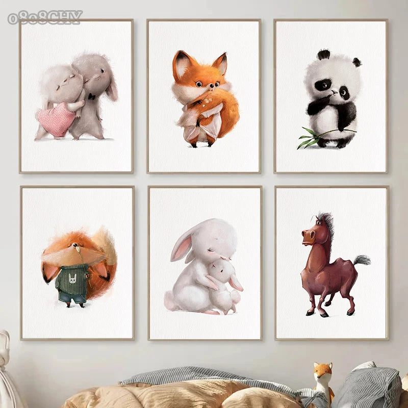 Cute Baby Animals Nursery Wall Art – Kawaii Bunny, Fox, Panda Prints