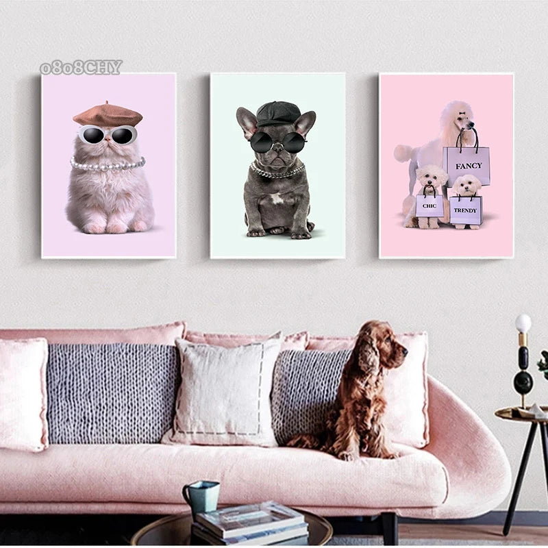 Fashion Dog & Cat Canvas Posters – Cute Animal Wall Art