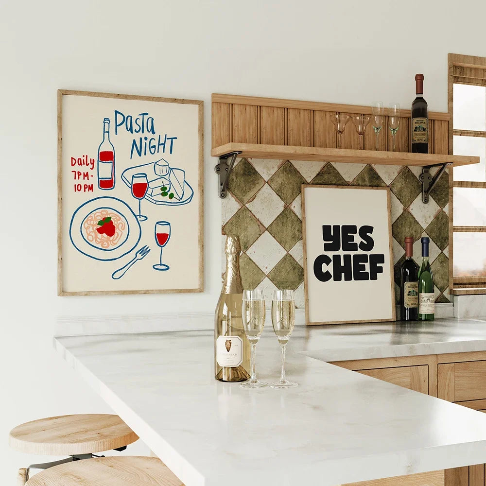 Wine & Cheese Noodles Modern Wall Art Canvas Print – Unframed