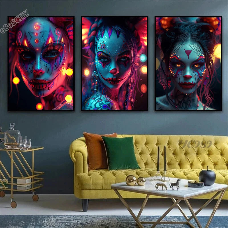 Cyber Mask Girl Canvas Poster – Halloween Makeup Wall Art