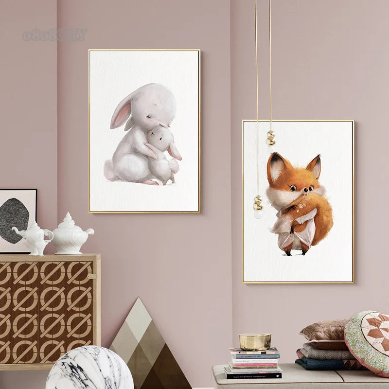 Cute Baby Animals Nursery Wall Art – Kawaii Bunny, Fox, Panda Prints