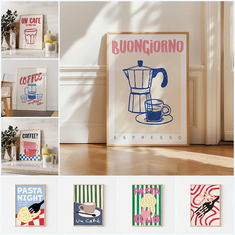 Retro Pasta & Coffee Canvas Wall Art Prints