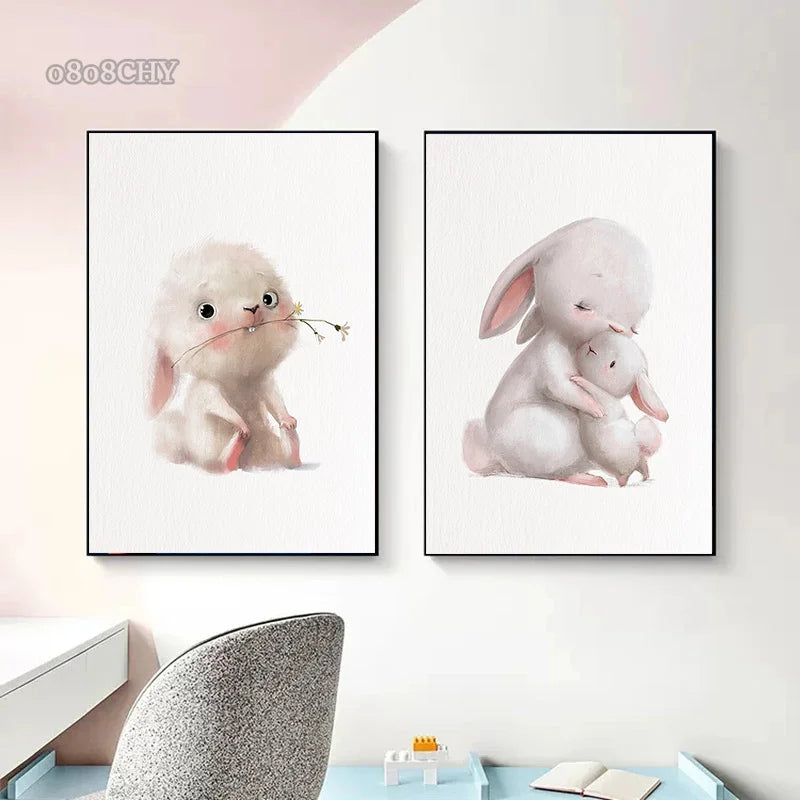 Cute Baby Animals Nursery Wall Art – Kawaii Bunny, Fox, Panda Prints