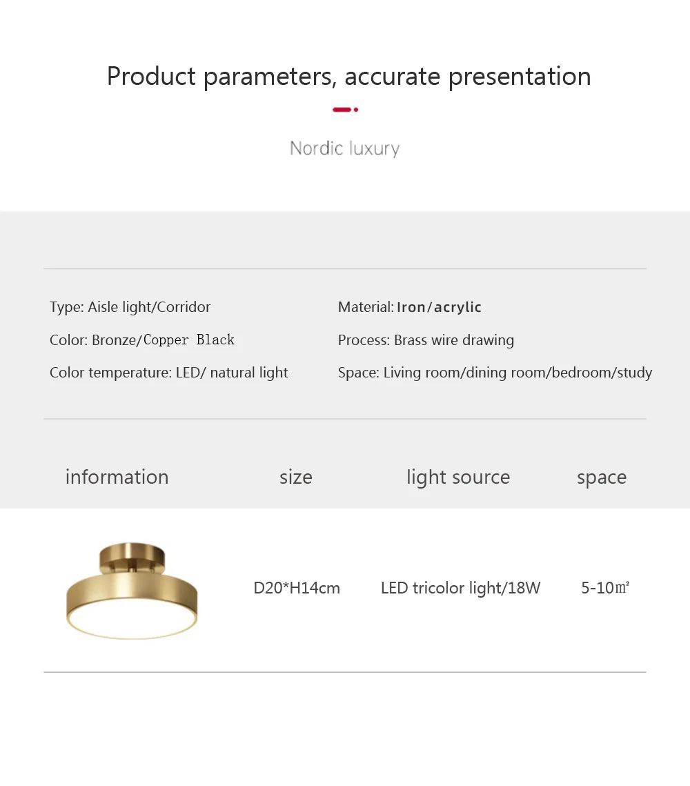 Modern LED Ceiling Light – Nordic Copper Round Lamp