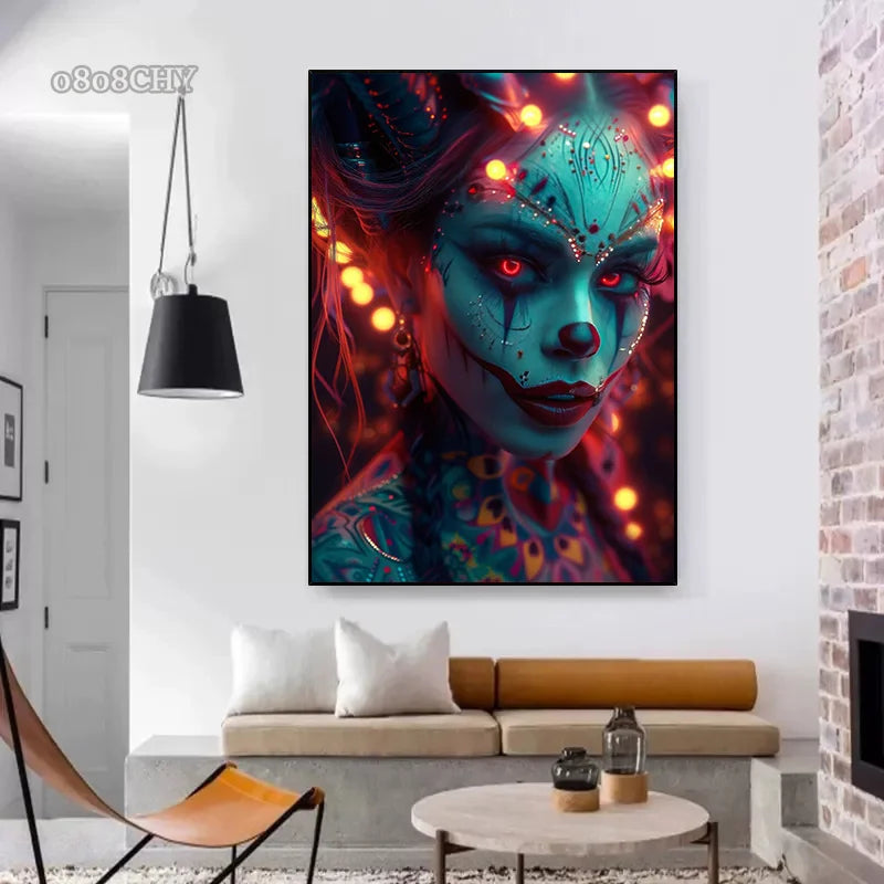 Cyber Mask Girl Canvas Poster – Halloween Makeup Wall Art