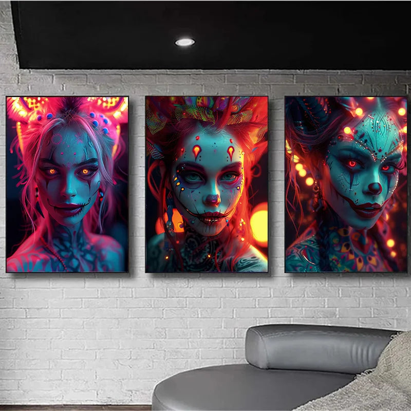 Cyber Mask Girl Canvas Poster – Halloween Makeup Wall Art