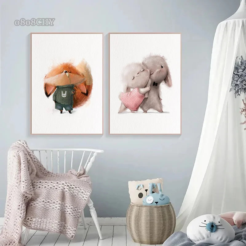 Cute Baby Animals Nursery Wall Art – Kawaii Bunny, Fox, Panda Prints