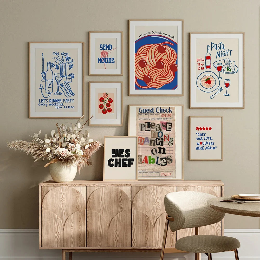 Wine & Cheese Noodles Modern Wall Art Canvas Print – Unframed
