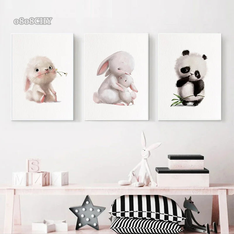 Cute Baby Animals Nursery Wall Art – Kawaii Bunny, Fox, Panda Prints