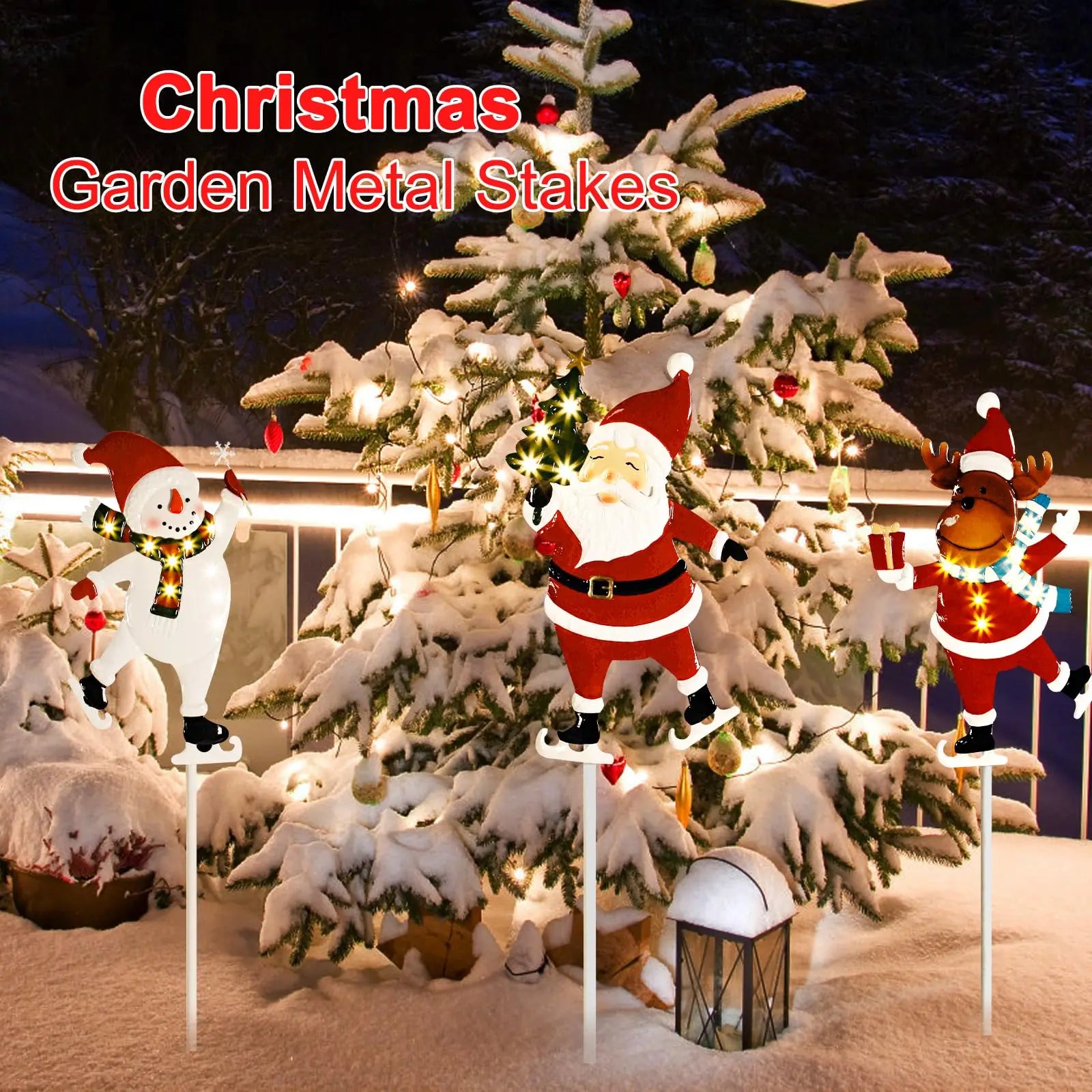 Solar LED Outdoor Christmas Metal Yard Stakes – Santa Claus & Elk